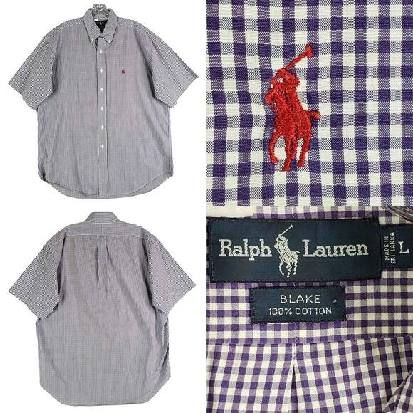 Polo Ralph Lauren Shirt Oxford Button Down Purple Plaid SS Size Large L Blake - Picture 1 of 10
